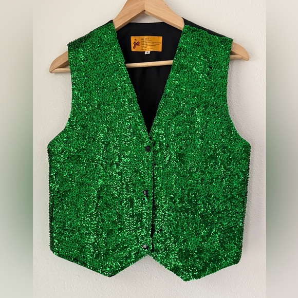 JC Brand 001 USA Vintage Sequin Vest Snap Green Women's Small Winter Holidays - Picture 1 of 11